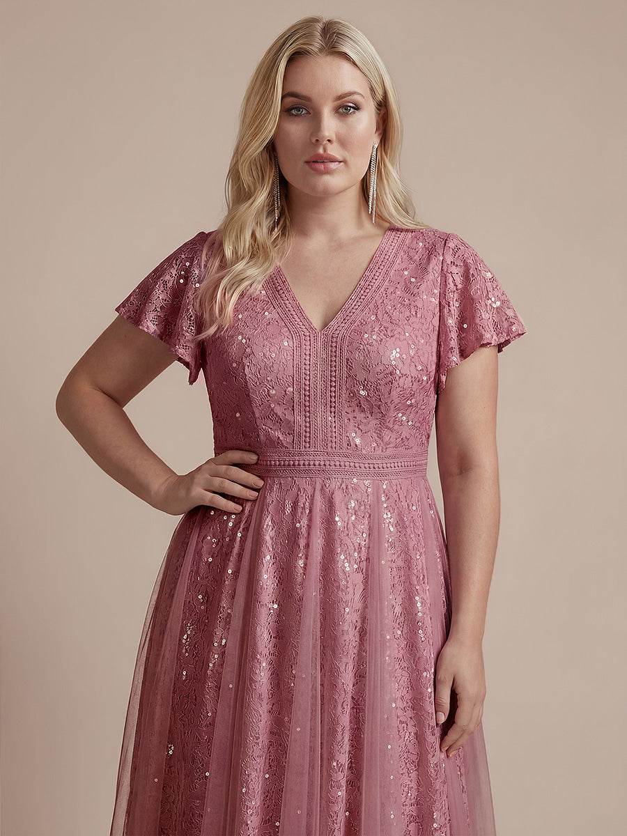 Midi Tee L?nge A Linie Kleid Mit V Ausschnitt Spitze R¨¹schen Und Pailletten #Farbe_Orchideenviolett