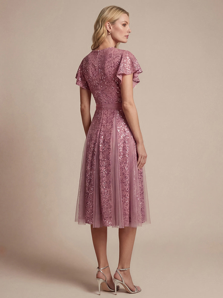 Midi Tee L?nge A Linie Kleid Mit V Ausschnitt Spitze R¨¹schen Und Pailletten #Farbe_Orchideenviolett