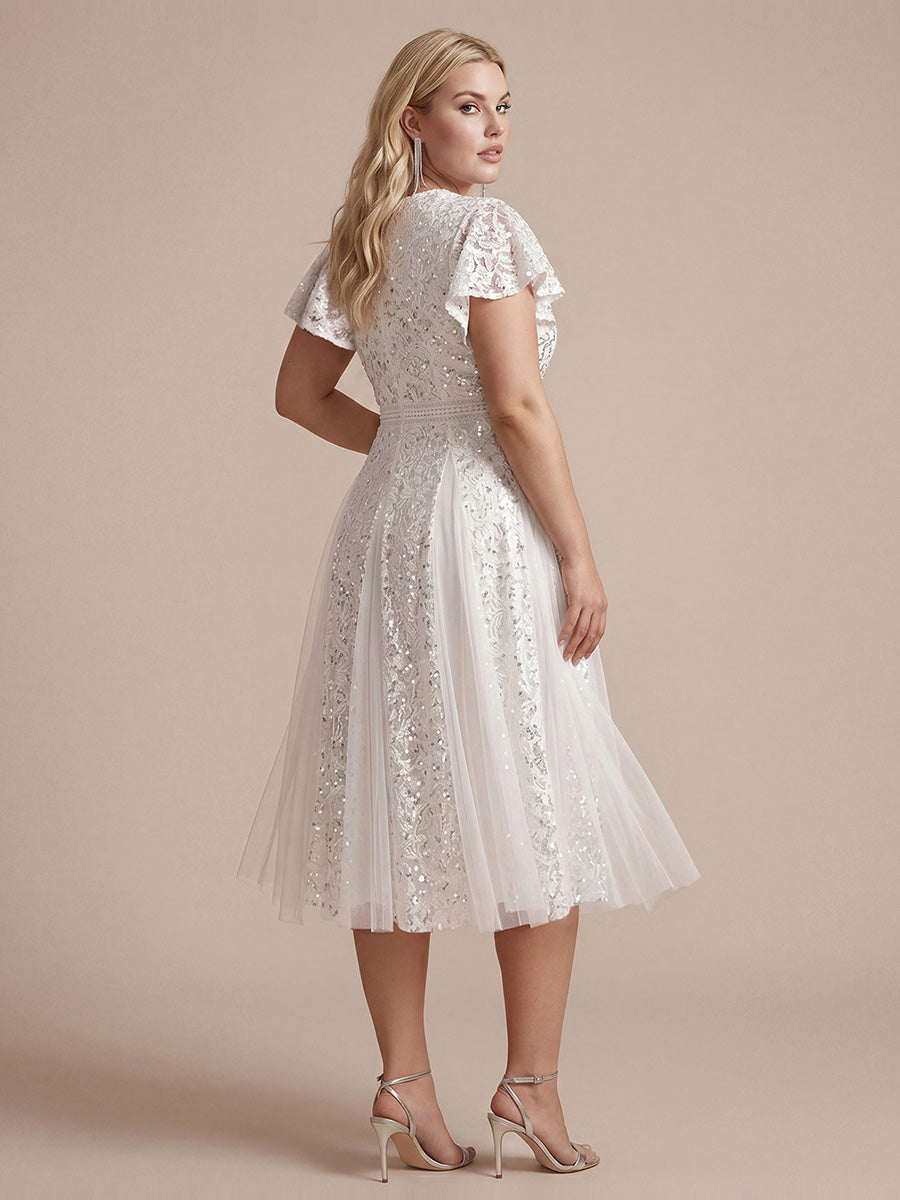 Midi Tee L?nge A Linie Kleid Mit V Ausschnitt Spitze R¨¹schen Und Pailletten #Farbe_Weiß