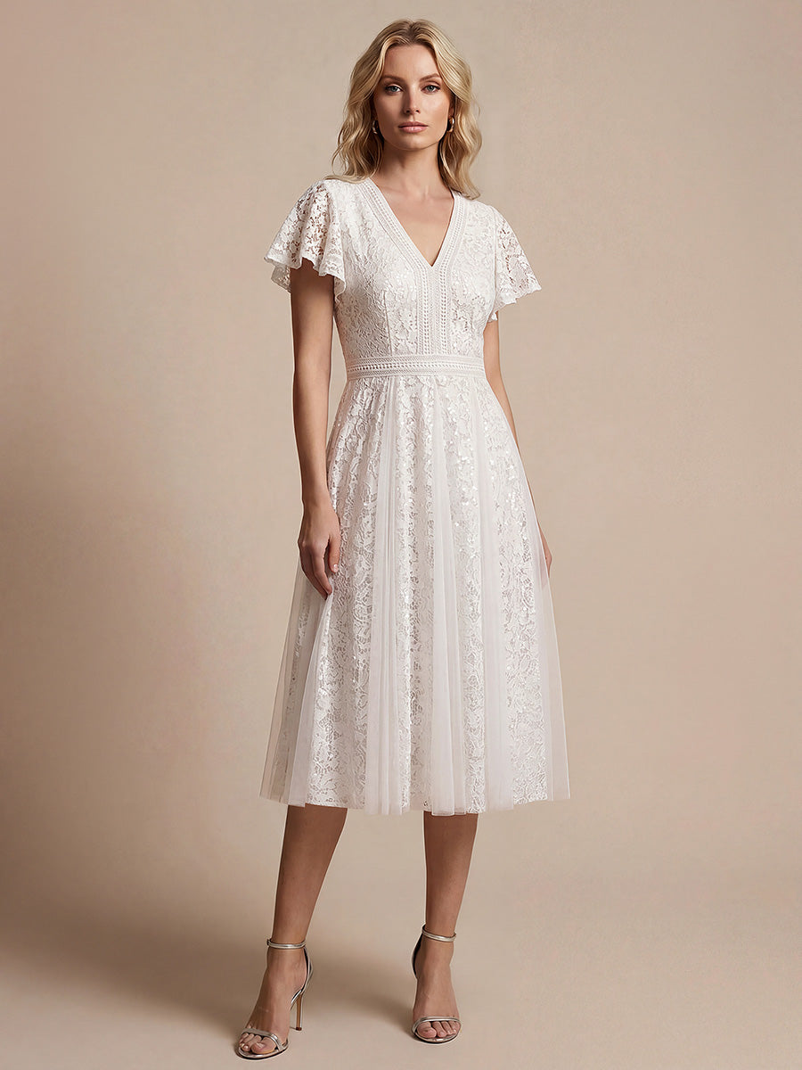 Midi Tee L?nge A Linie Kleid Mit V Ausschnitt Spitze R¨¹schen Und Pailletten #Farbe_Weiß
