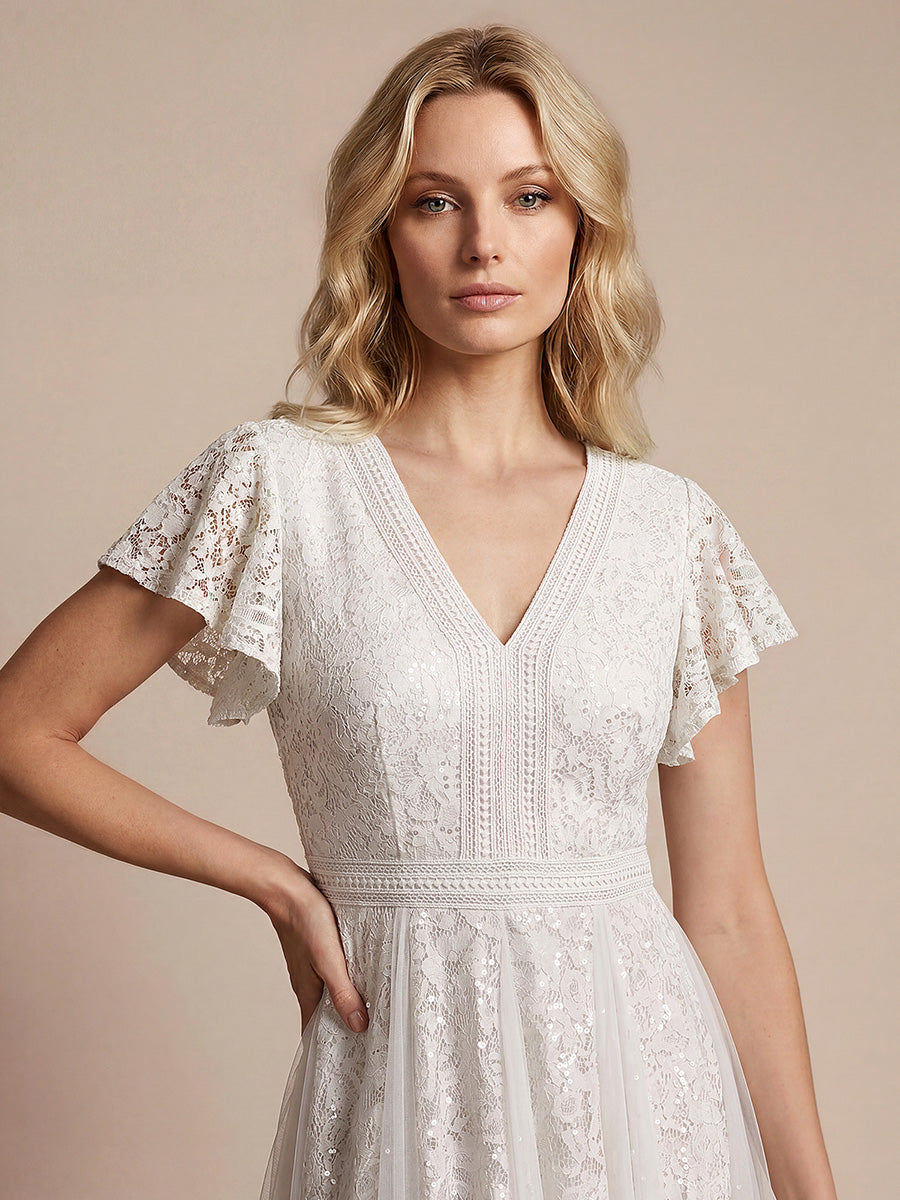 Midi Tee L?nge A Linie Kleid Mit V Ausschnitt Spitze R¨¹schen Und Pailletten #Farbe_Weiß