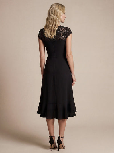 Midi Tea L?nge Meerjungfrau Kleid ¨¹berkreuzter Ausschnitt Spitze Pailletten Volants #Farbe_Schwarz