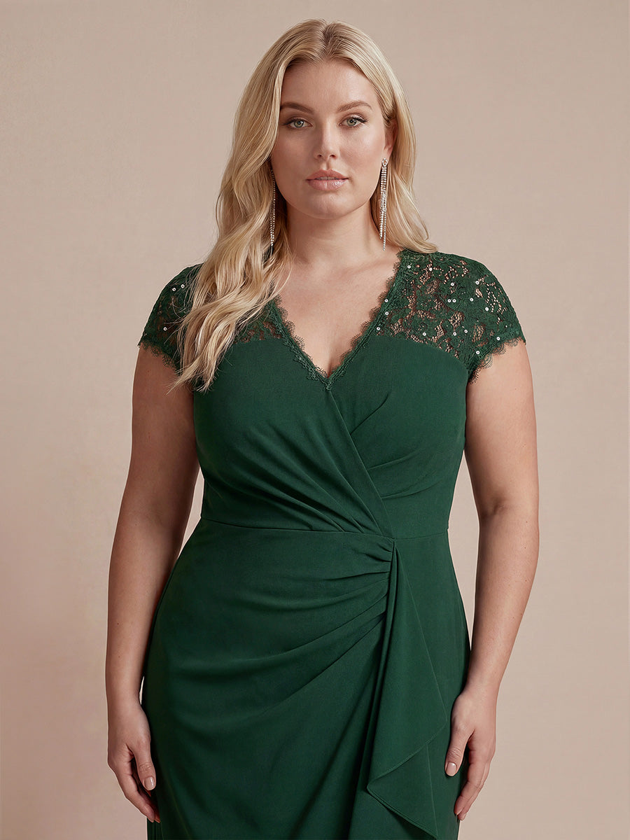 Midi Tea L?nge Meerjungfrau Kleid ¨¹berkreuzter Ausschnitt Spitze Pailletten Volants #Farbe_Dunkelgrün