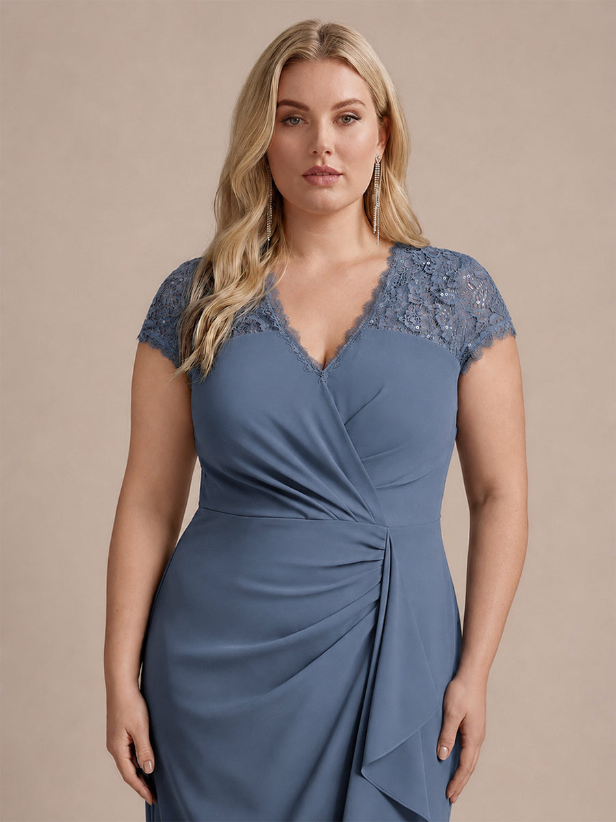 Midi Tea L?nge Meerjungfrau Kleid ¨¹berkreuzter Ausschnitt Spitze Pailletten Volants #Farbe_Taubenblau