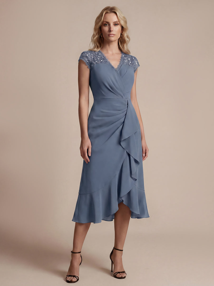 Midi Tea L?nge Meerjungfrau Kleid ¨¹berkreuzter Ausschnitt Spitze Pailletten Volants #Farbe_Taubenblau