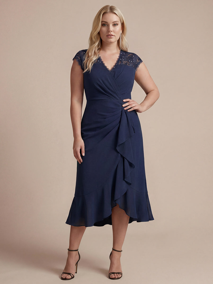 Midi Tea L?nge Meerjungfrau Kleid ¨¹berkreuzter Ausschnitt Spitze Pailletten Volants #Farbe_Marineblau