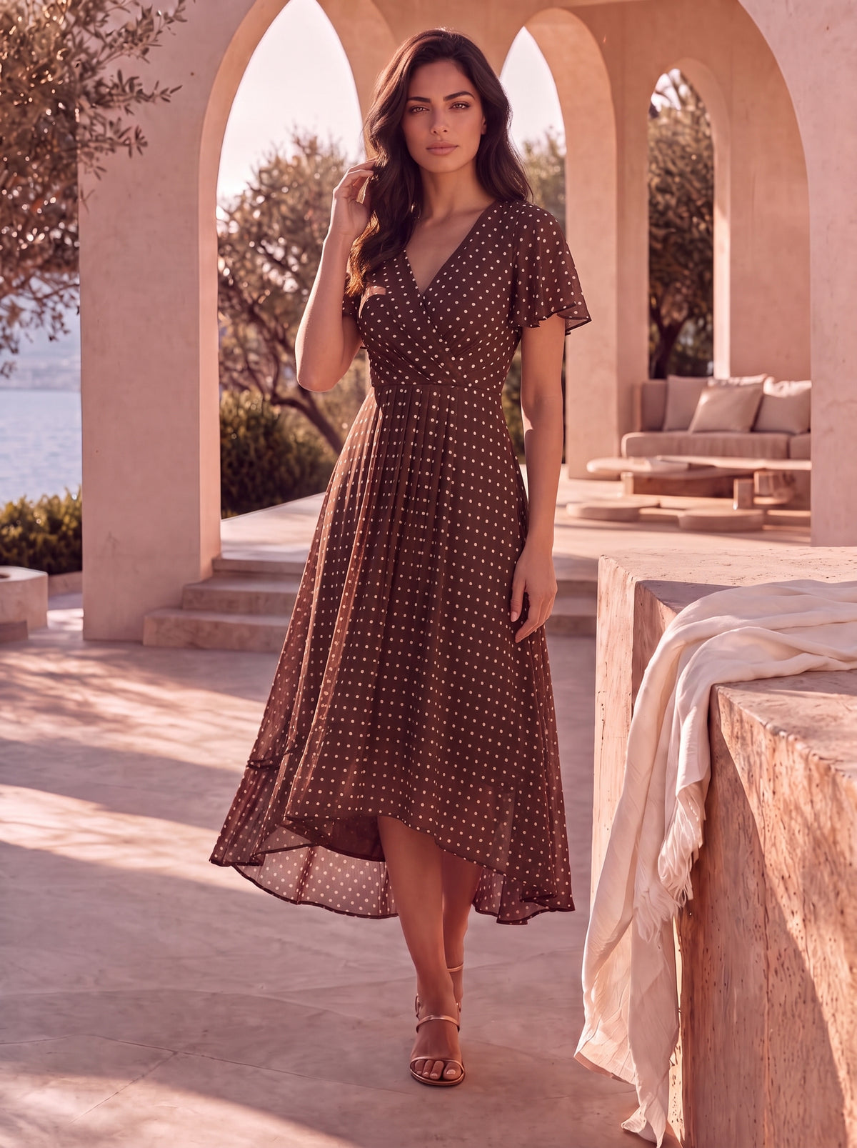 Asymmetrischer Saum V-Ausschnitt A-Linie Chiffon Kleid R¨¹schendetails Gepunkteter Druck #Farbe_Braune Punkte