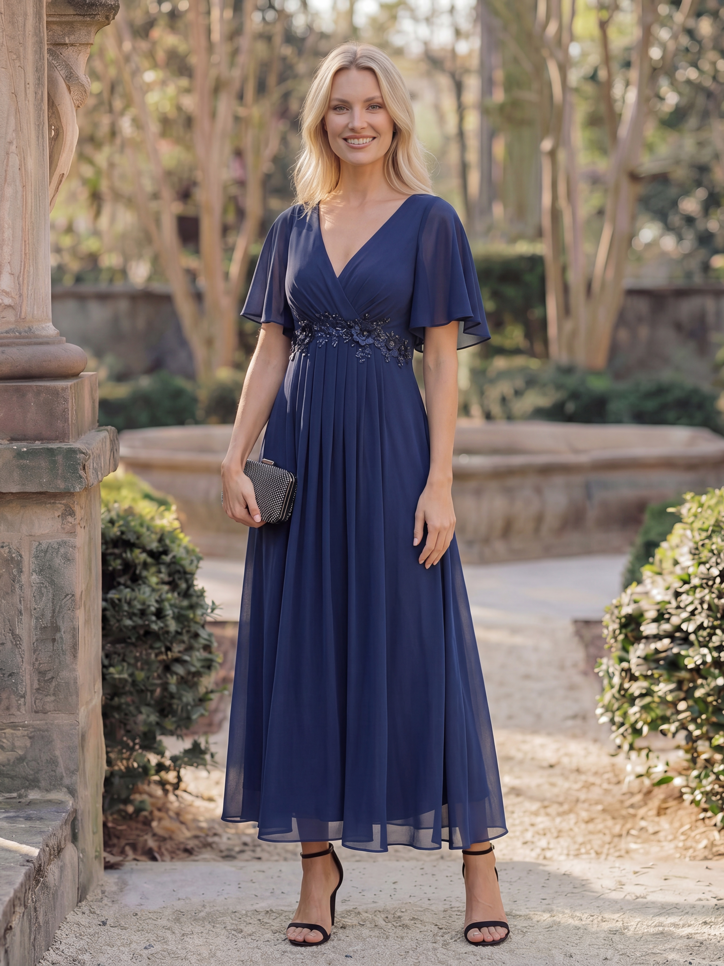 Midi Länge V-Ausschnitt A-Linie Chiffon Kleid Mit Applikationen Und Raffung Details Kleid #Farbe_Marineblau