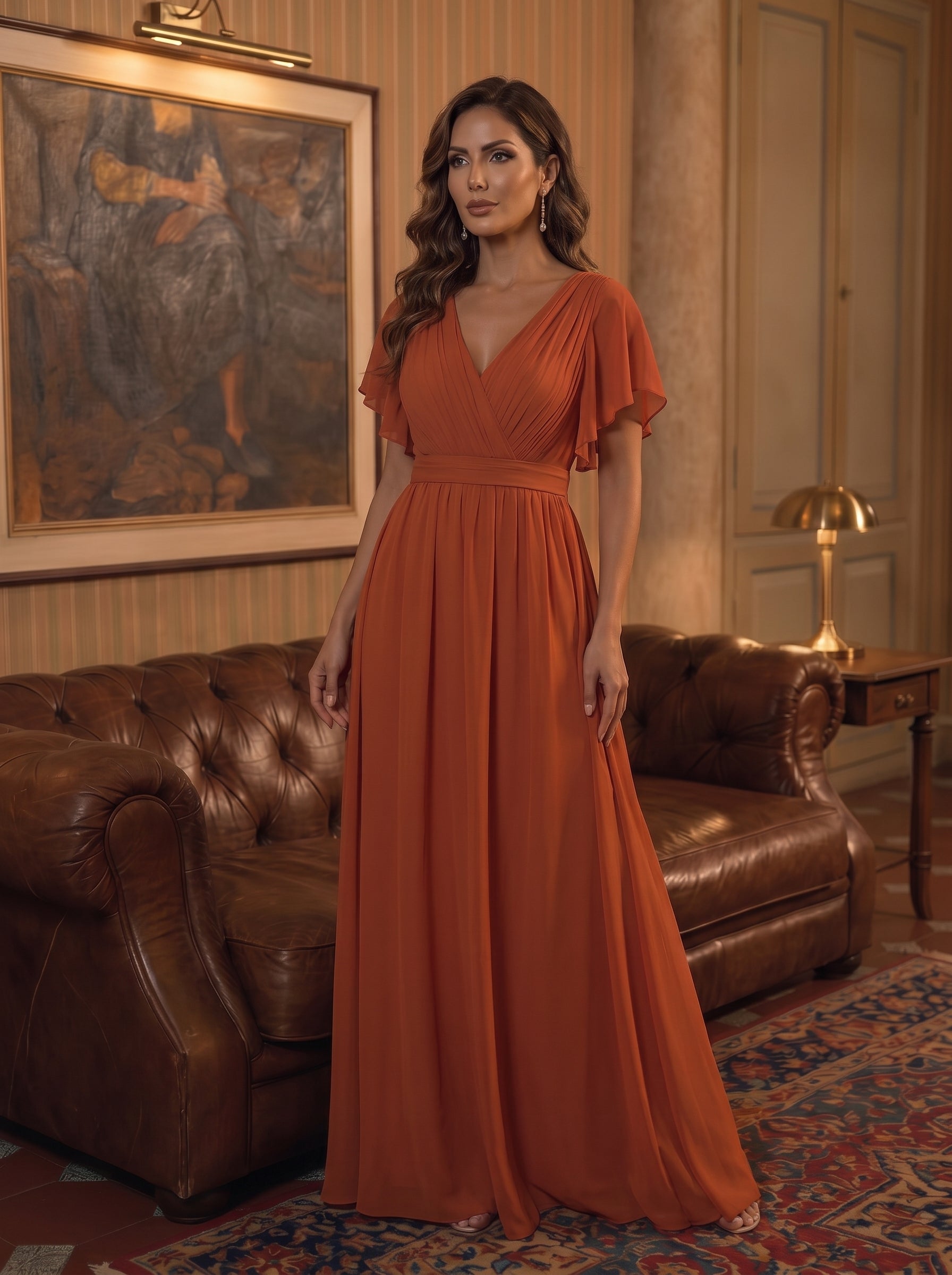 V-Ausschnitt kurze Ärmel Bodenlaenge A-Linie Chiffon Abendkleider #Farbe_Gebranntes Orange