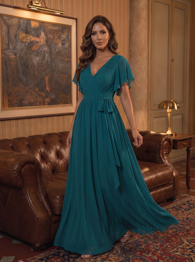 V-Ausschnitt kurze Ärmel Bodenlaenge A-Linie Chiffon Abendkleider #Farbe_Petrol