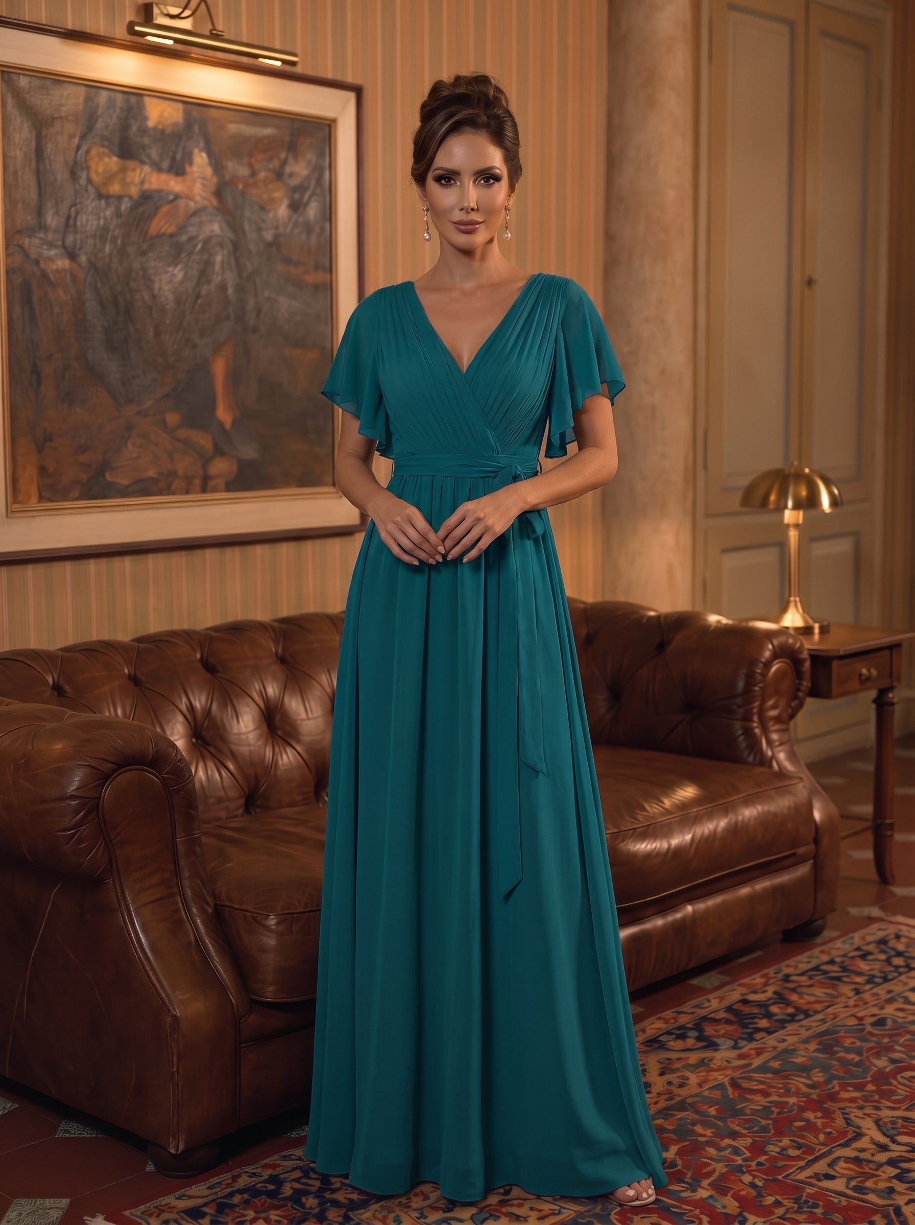 V-Ausschnitt kurze Ärmel Bodenlaenge A-Linie Chiffon Abendkleider #Farbe_Petrol