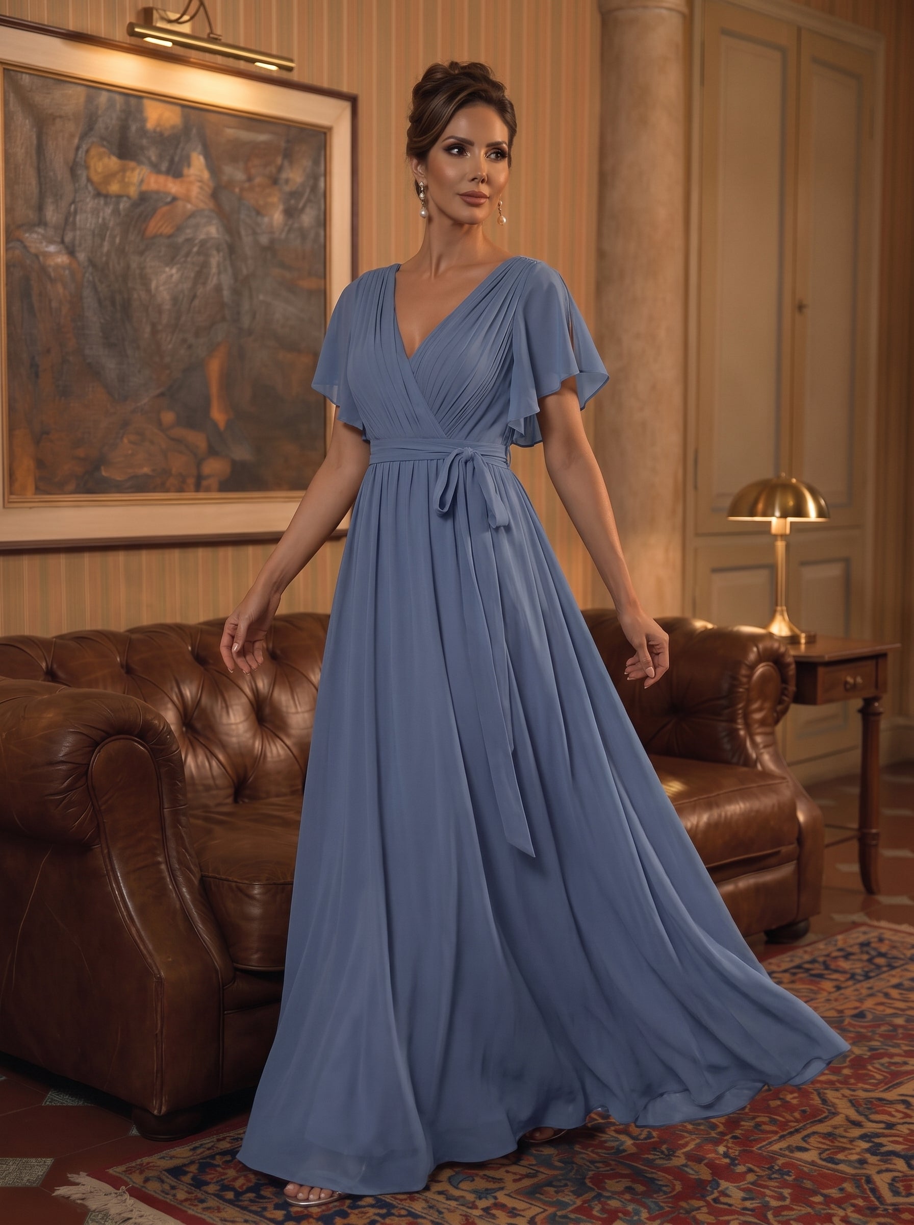 V-Ausschnitt kurze Ärmel Bodenlaenge A-Linie Chiffon Abendkleider #Farbe_Taubenblau