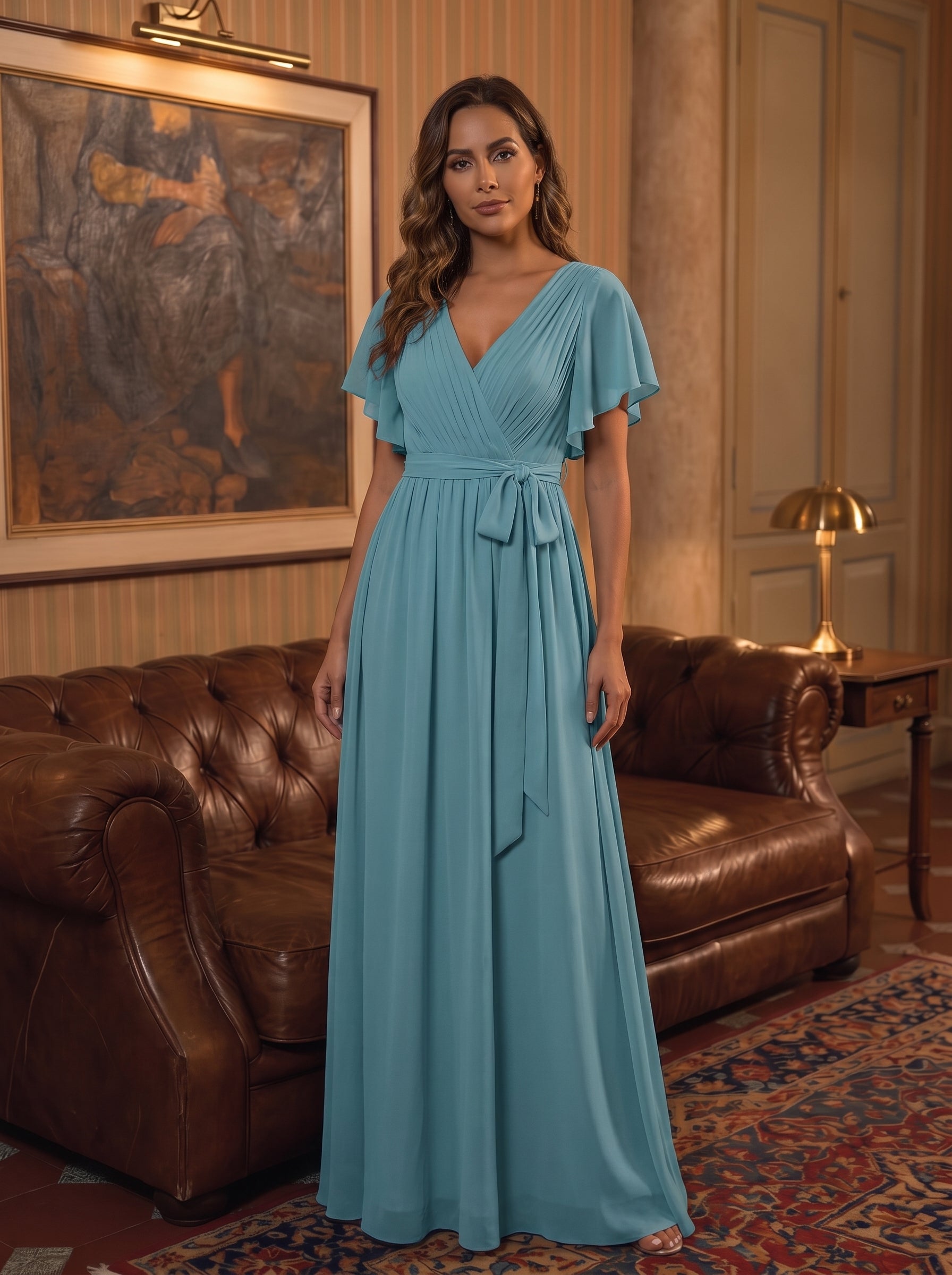 V-Ausschnitt kurze Ärmel Bodenlaenge A-Linie Chiffon Abendkleider #Farbe_Hellpetrol