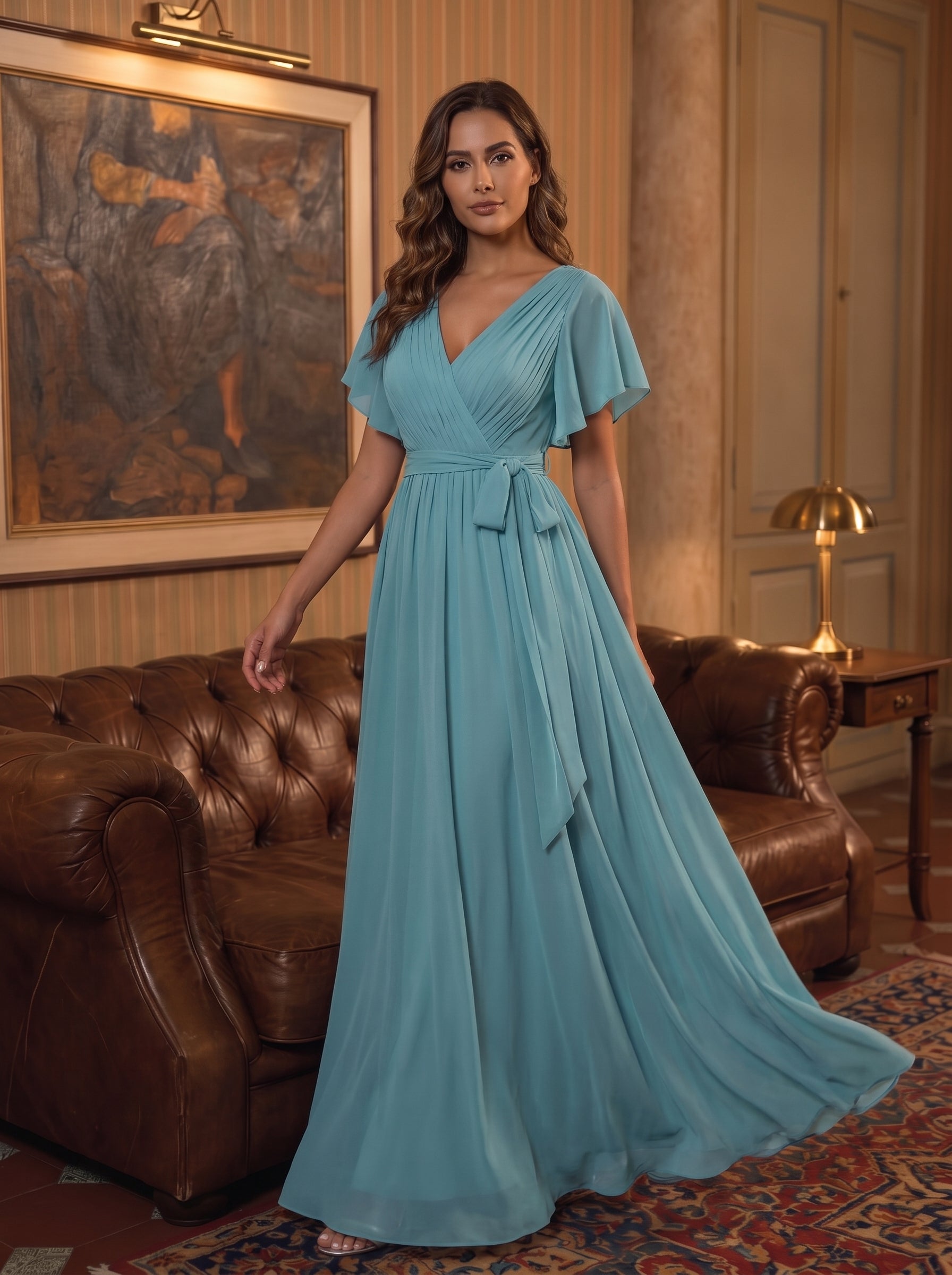 V-Ausschnitt kurze Ärmel Bodenlaenge A-Linie Chiffon Abendkleider #Farbe_Hellpetrol