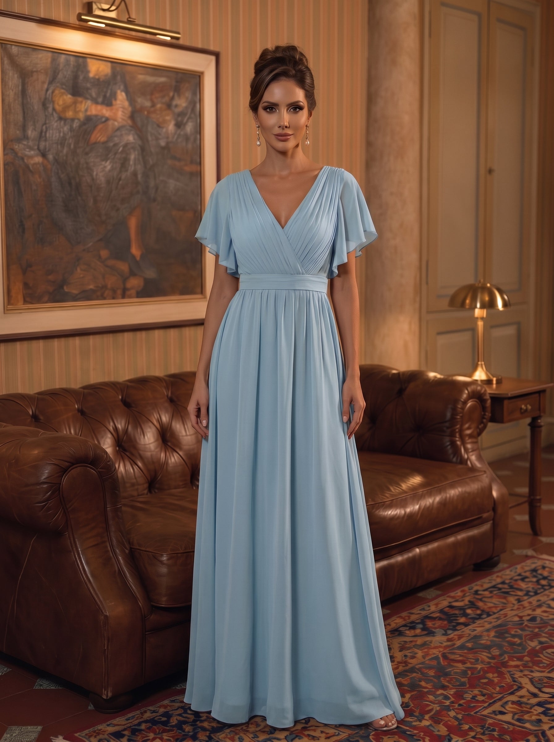 V-Ausschnitt kurze Ärmel Bodenlaenge A-Linie Chiffon Abendkleider #Farbe_Himmelblau