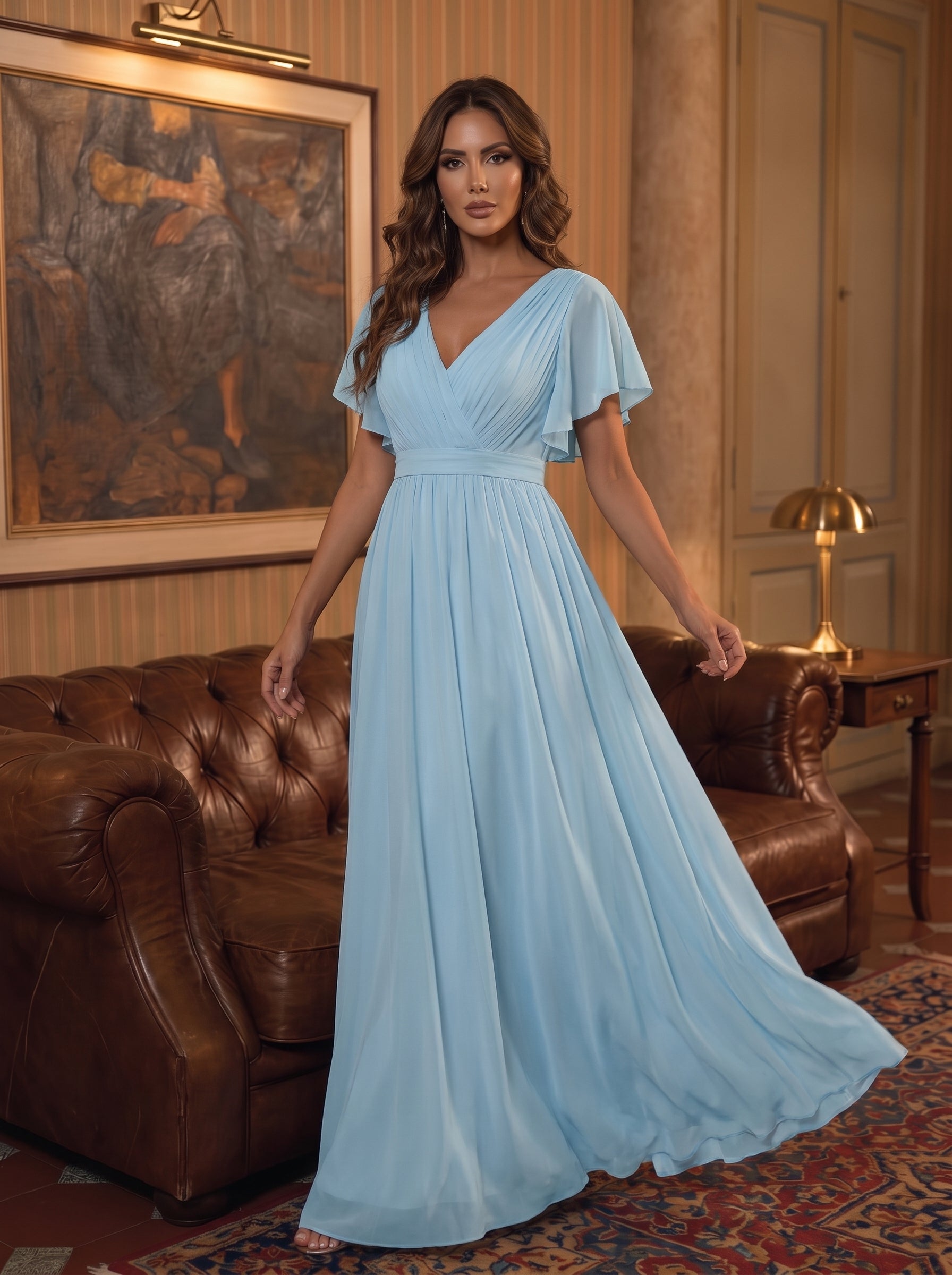 V-Ausschnitt kurze Ärmel Bodenlaenge A-Linie Chiffon Abendkleider #Farbe_Himmelblau