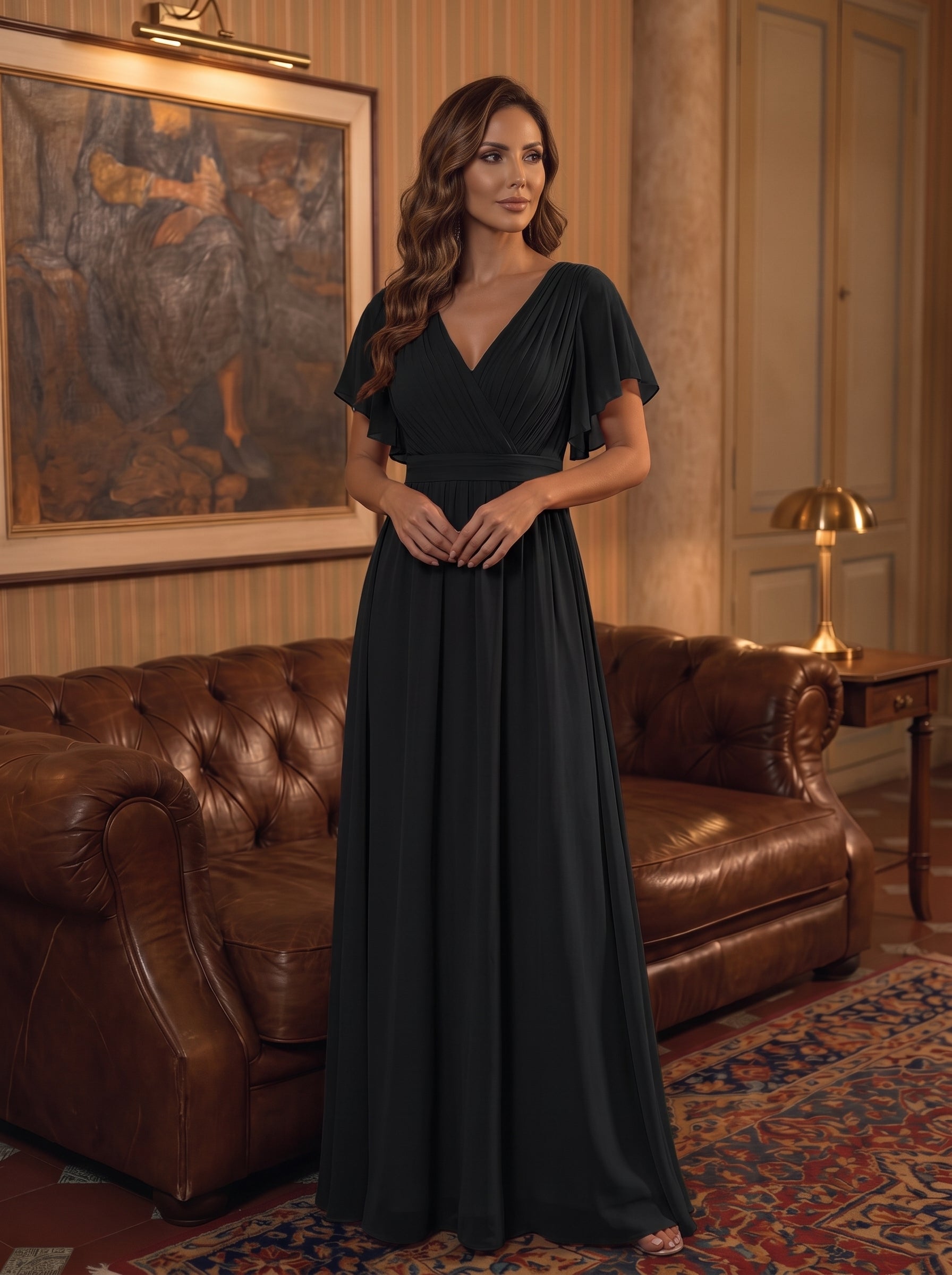 V-Ausschnitt kurze Ärmel Bodenlaenge A-Linie Chiffon Abendkleider #Farbe_Schwarz