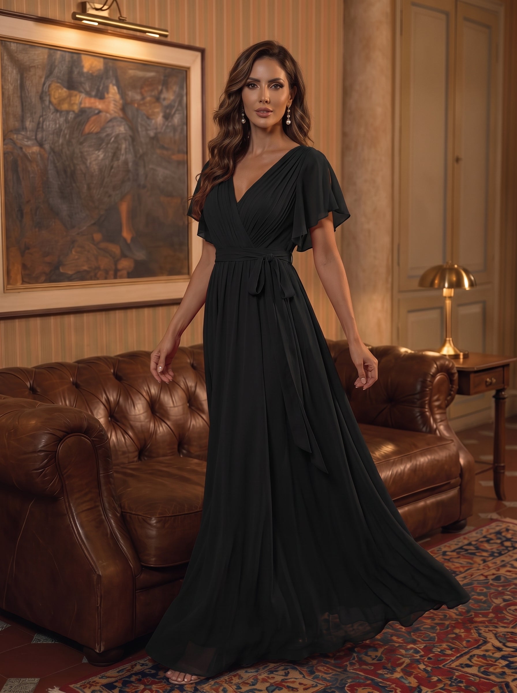 V-Ausschnitt kurze Ärmel Bodenlaenge A-Linie Chiffon Abendkleider #Farbe_Schwarz