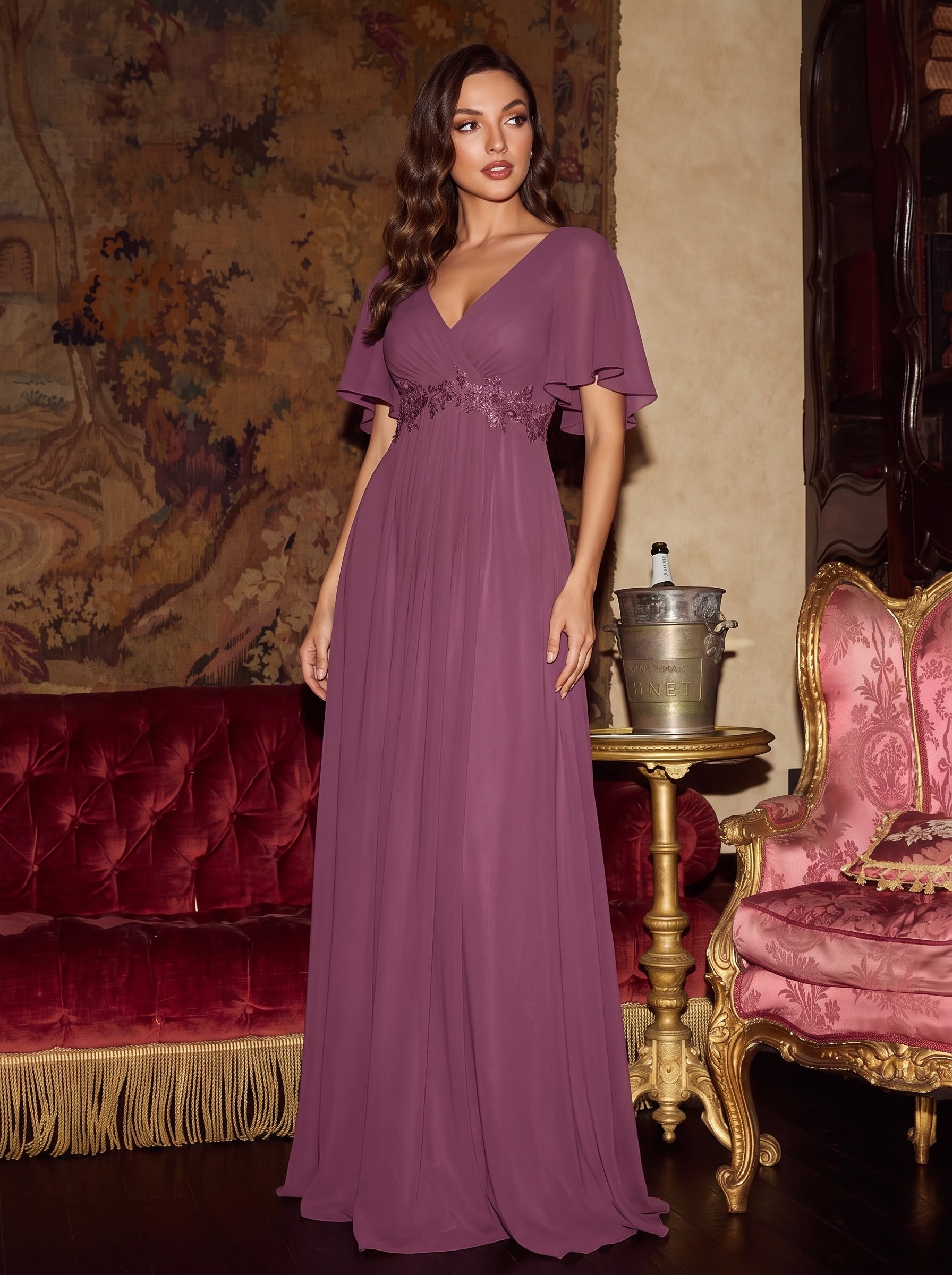 Funkelndes Abendkleid in A-Linie mit Empire-Taille und langen ?rmeln #farbe_Pflaumenviolett