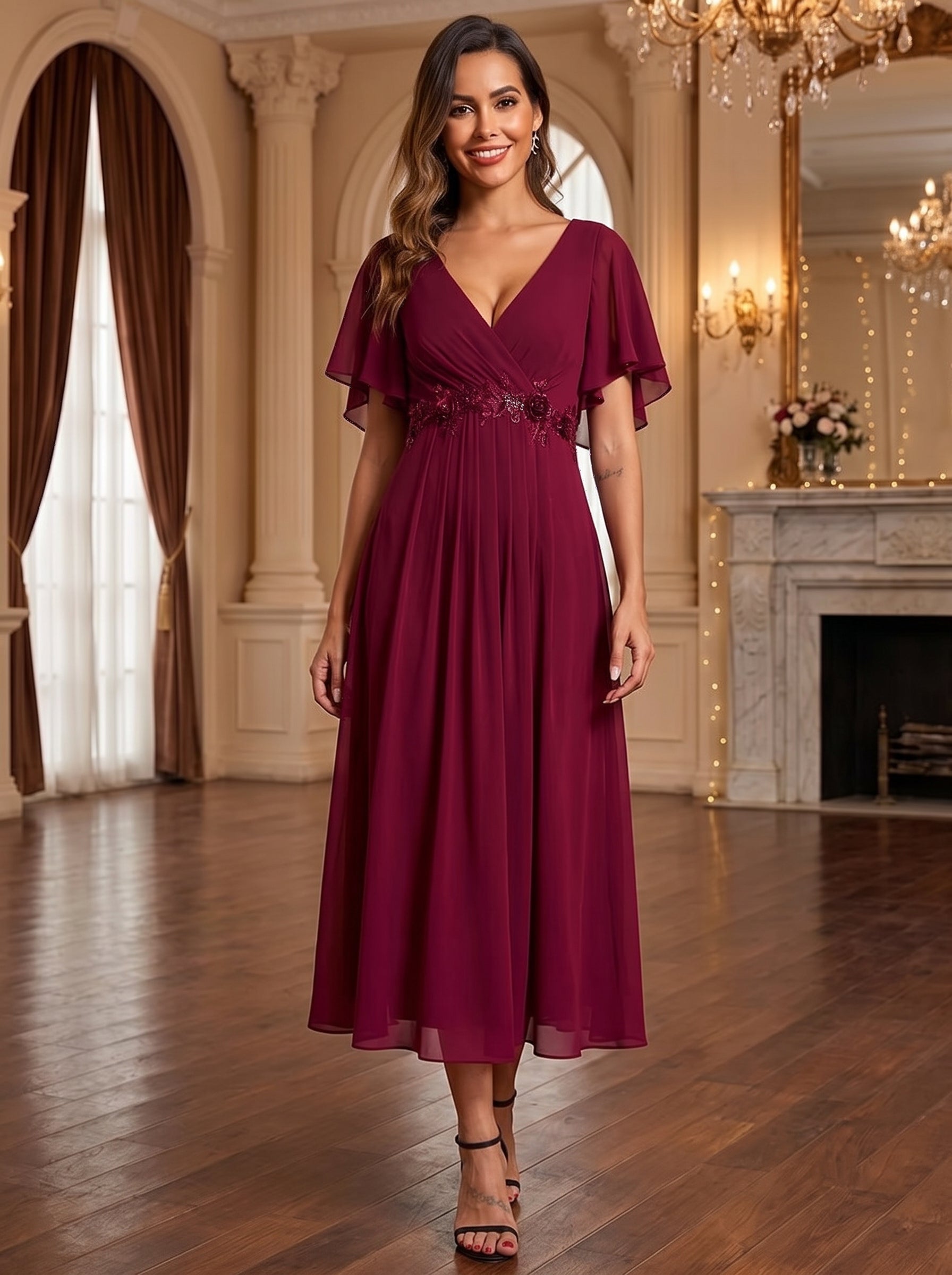 Midi Länge V-Ausschnitt A-Linie Chiffon Kleid Mit Applikationen Und Raffung Details Kleid #Farbe_Burgunderrot