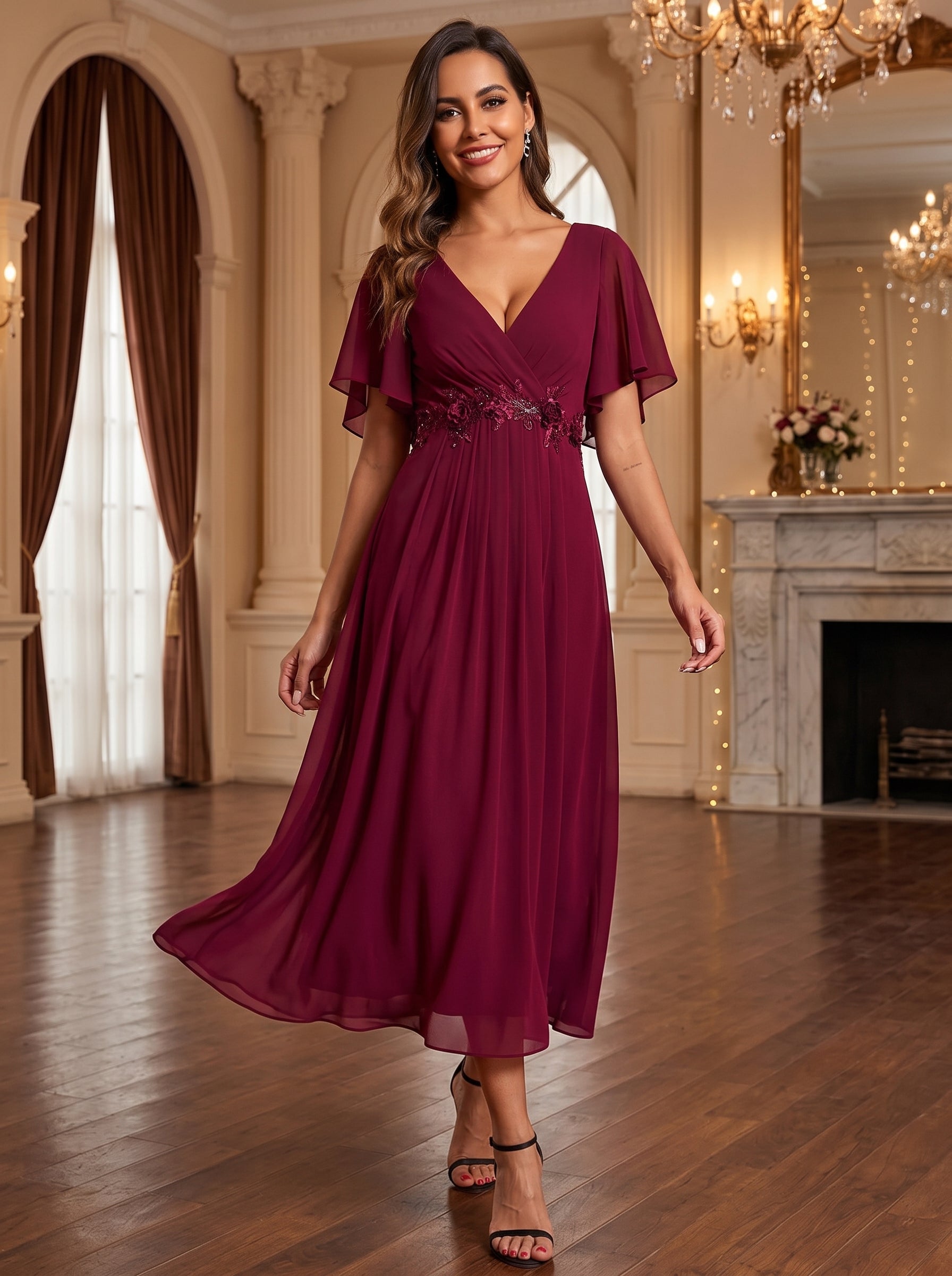 Midi Länge V-Ausschnitt A-Linie Chiffon Kleid Mit Applikationen Und Raffung Details Kleid #Farbe_Burgunderrot