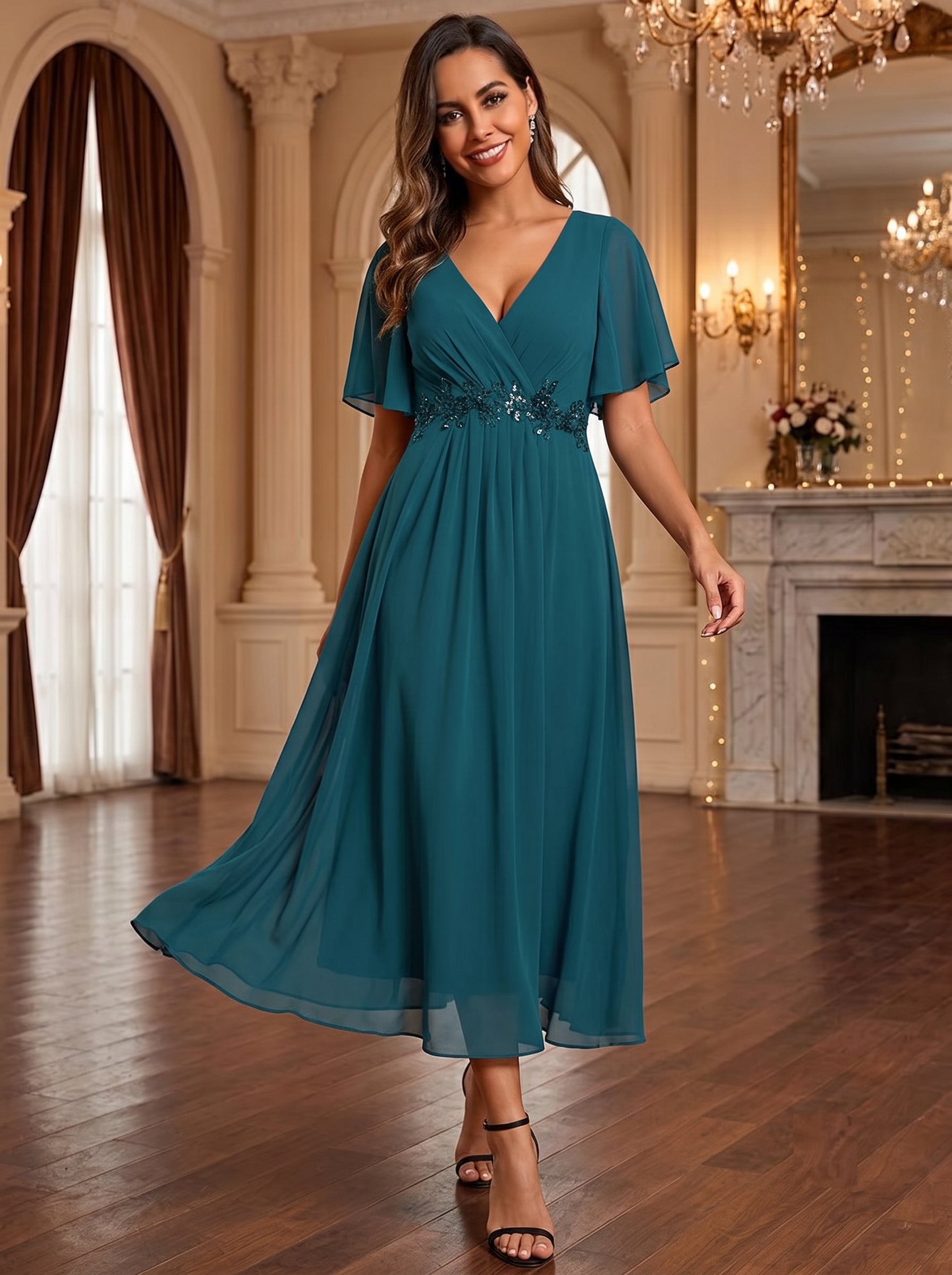 Midi Länge V-Ausschnitt A-Linie Chiffon Kleid Mit Applikationen Und Raffung Details Kleid #Farbe_Petrol
