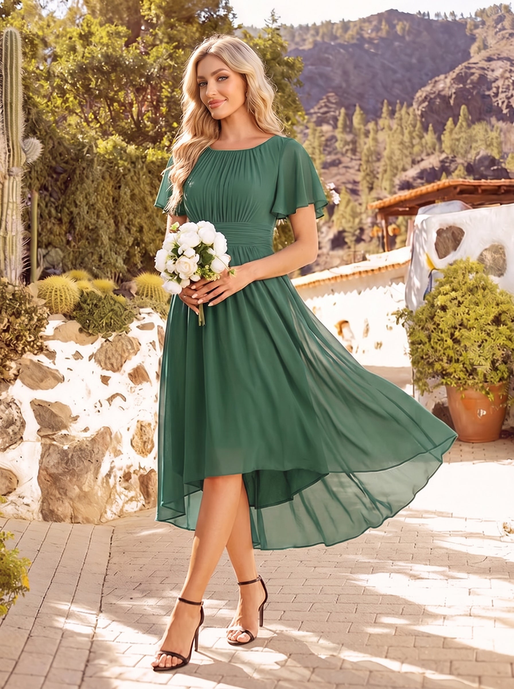 Robe d'invit¨¦ de mariage trap¨¨ze en mousseline fluide ¨¤ encolure ronde et longueur au genou #farbe_Eukalyptus