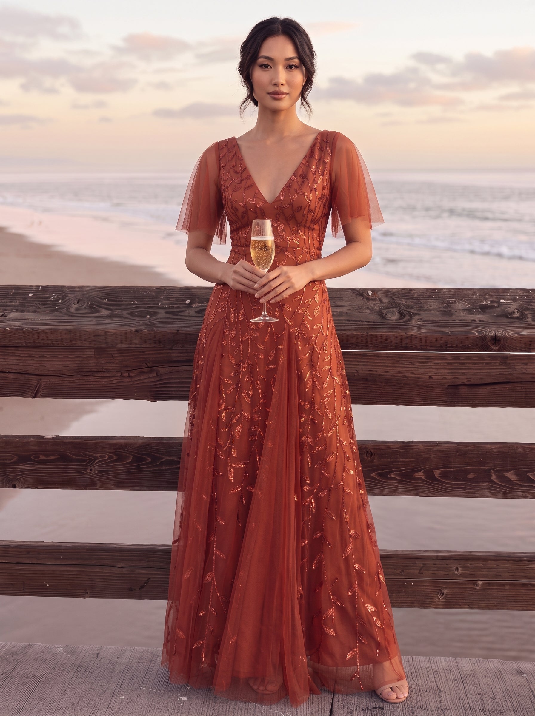 Bodenlanger V-Ausschnitt A-Linie Pailletten Kleid Mit Tiefem V-Ausschnitt Und Funkelnden Details #Farbe_Gebranntes Orange