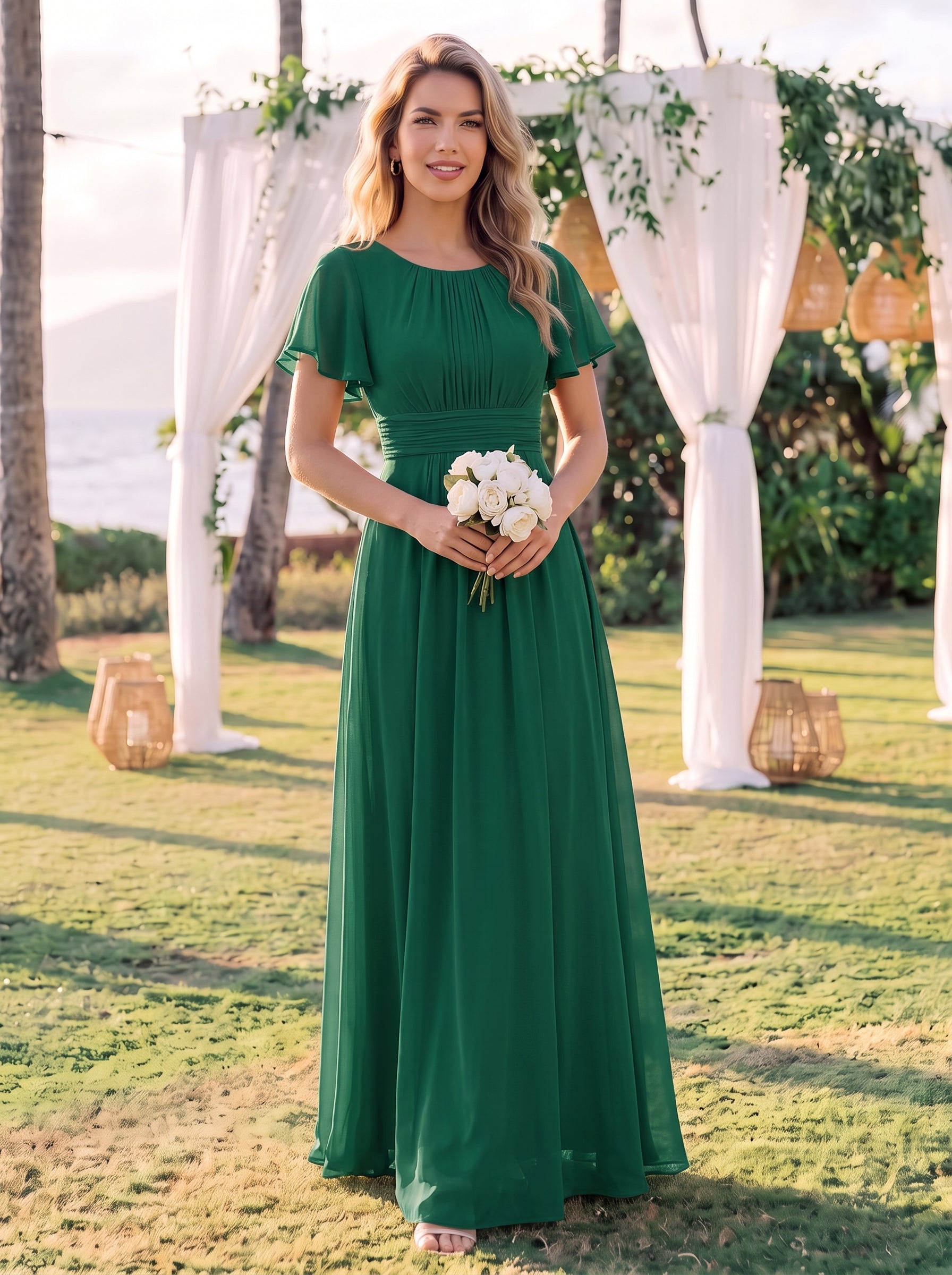 Bodenlanger A-Linien Chiffonkleid Mit Falten Und Rüschen Details Rundhals #Farbe_Dunkelgrün