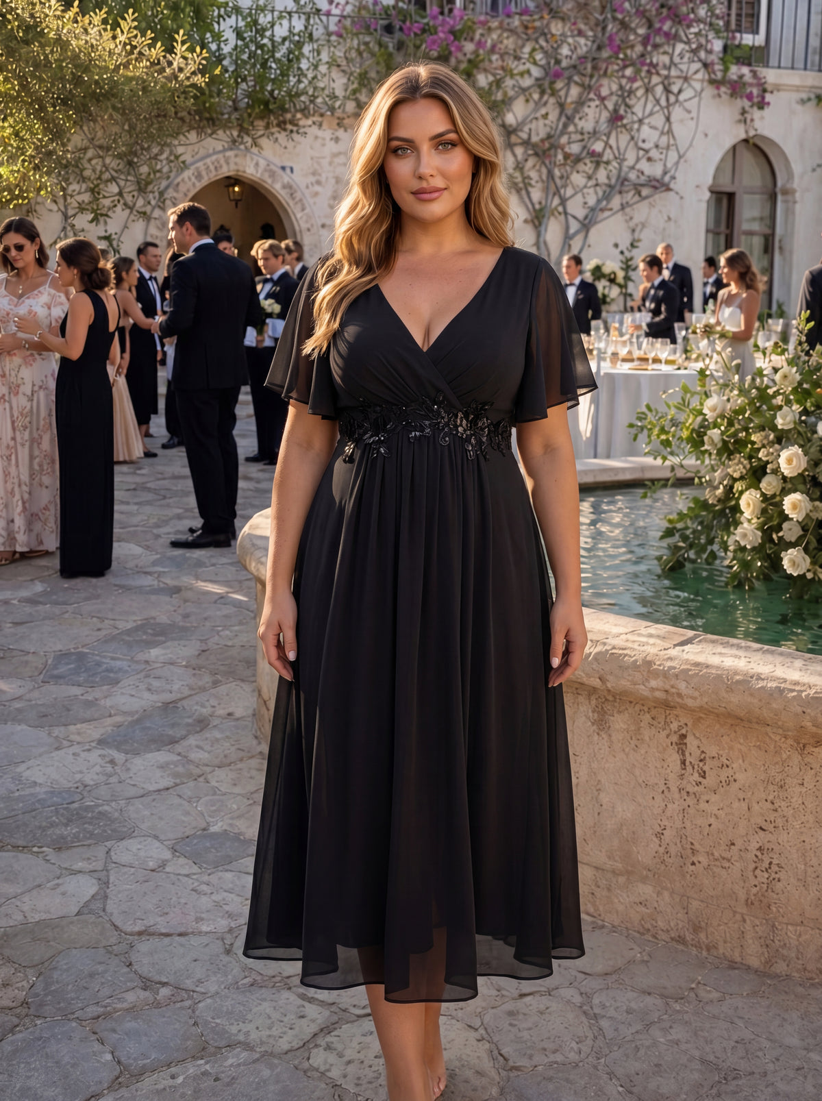 Midi Länge V-Ausschnitt A-Linie Chiffon Kleid Mit Applikationen Und Raffung Details Kleid #Farbe_Schwarz