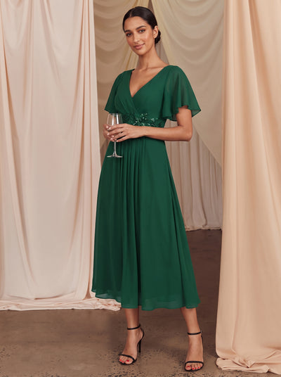 Midi Länge V-Ausschnitt A-Linie Chiffon Kleid Mit Applikationen Und Raffung Details Kleid #Farbe_Dunkelgrün