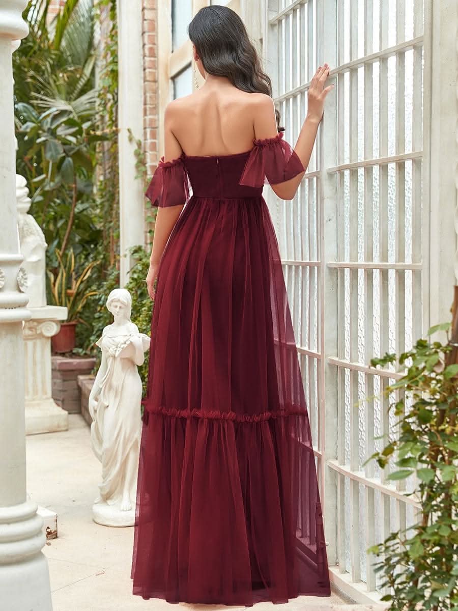 Schulterfreies plissiertes Tüll-Abendkleid mit Herzausschnitt #Farbe_Burgundy
