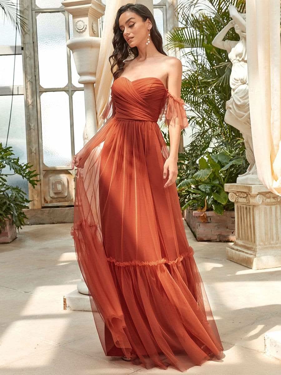 Schulterfreies plissiertes Tüll-Abendkleid mit Herzausschnitt #Farbe_Gebrannte Orange