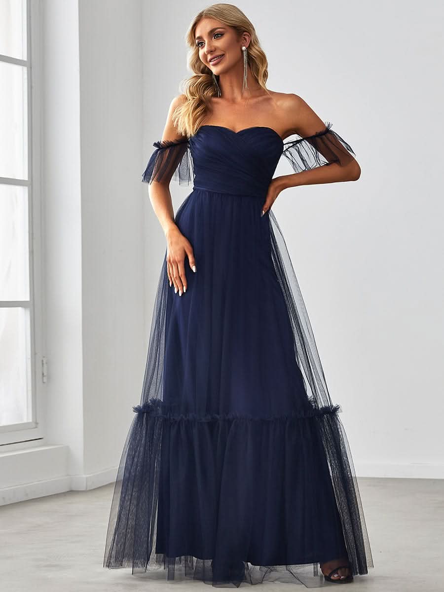 Schulterfreies plissiertes Tüll-Abendkleid mit Herzausschnitt #Farbe_Navy Blau