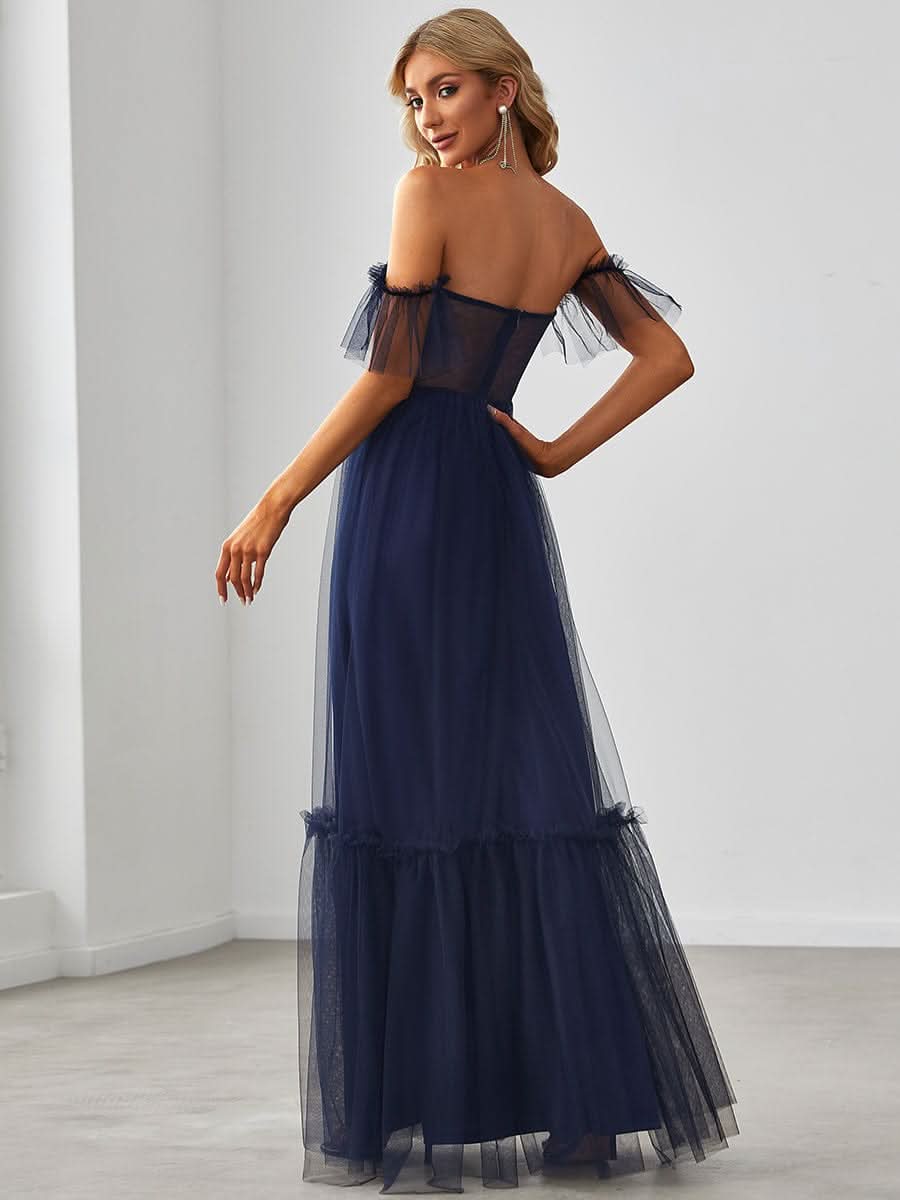 Schulterfreies plissiertes Tüll-Abendkleid mit Herzausschnitt #Farbe_Navy Blau