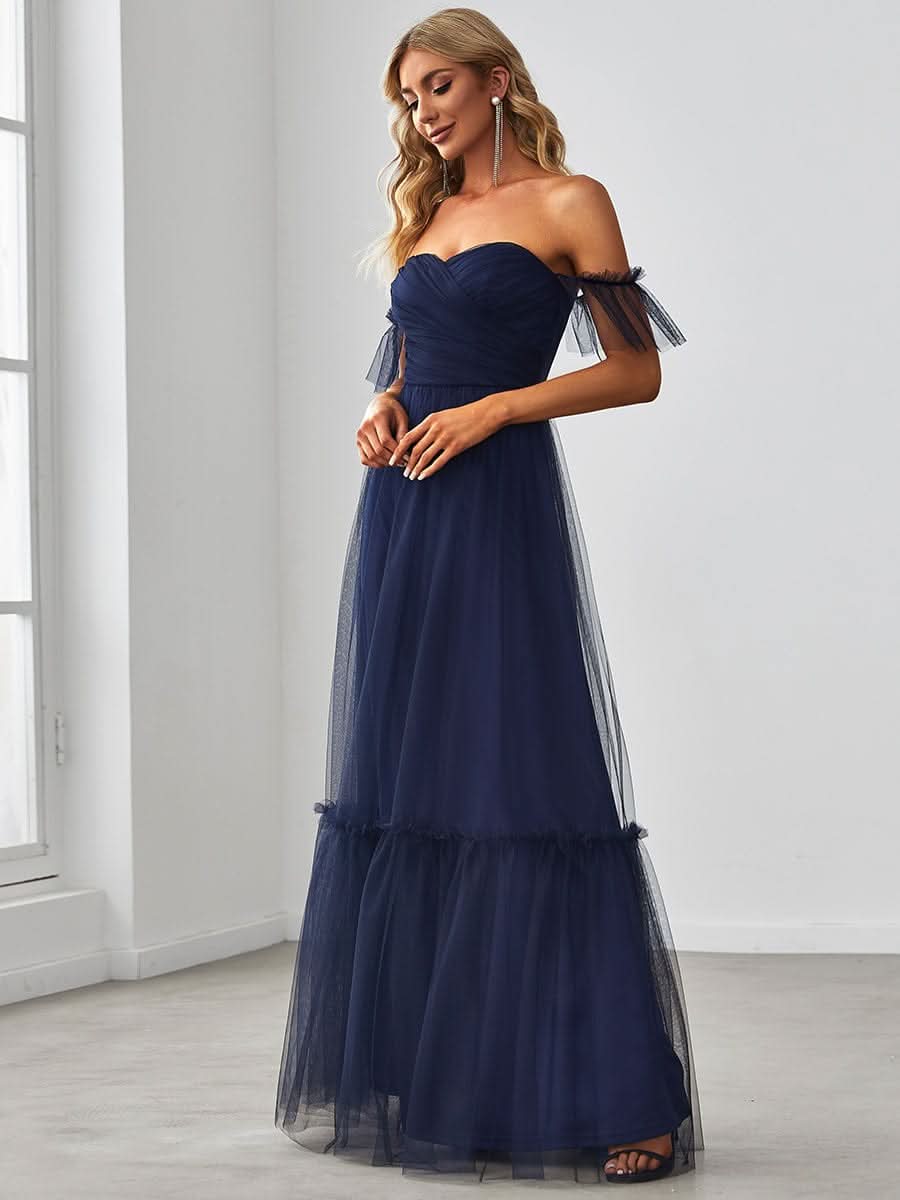 Schulterfreies plissiertes Tüll-Abendkleid mit Herzausschnitt #Farbe_Navy Blau
