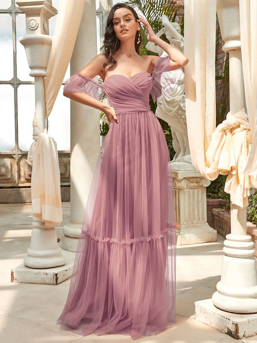 Schulterfreies plissiertes Tüll-Abendkleid mit Herzausschnitt #Farbe_Orchid