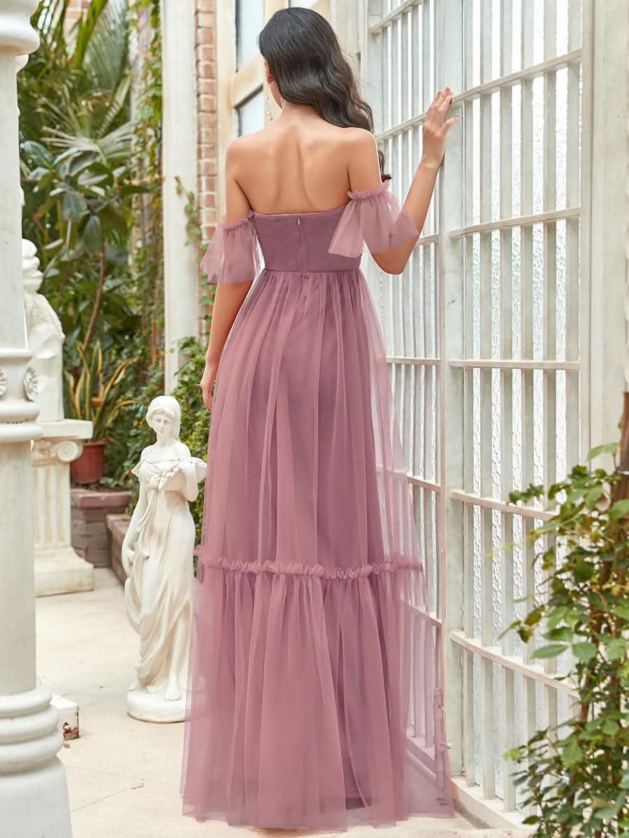 Schulterfreies plissiertes Tüll-Abendkleid mit Herzausschnitt #Farbe_Orchid