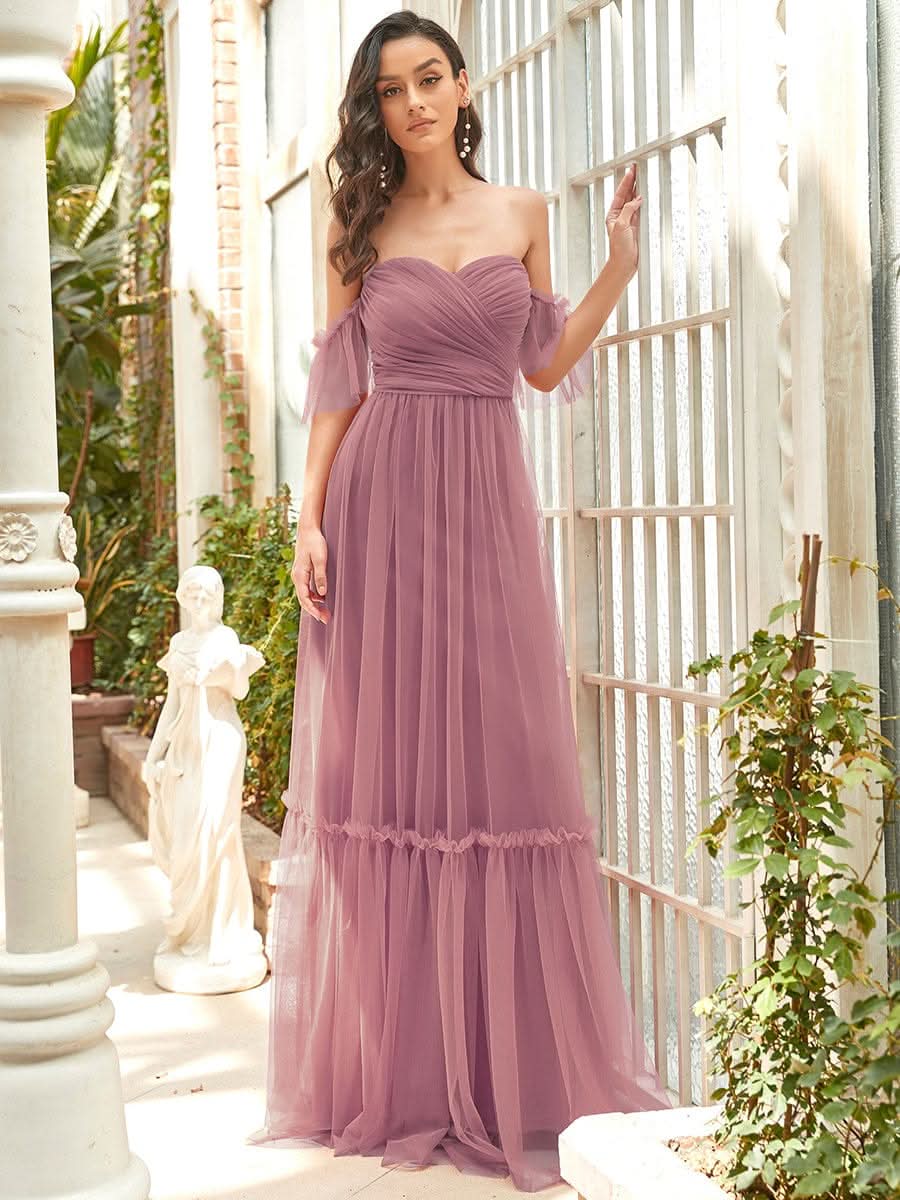 Schulterfreies plissiertes Tüll-Abendkleid mit Herzausschnitt #Farbe_Orchid