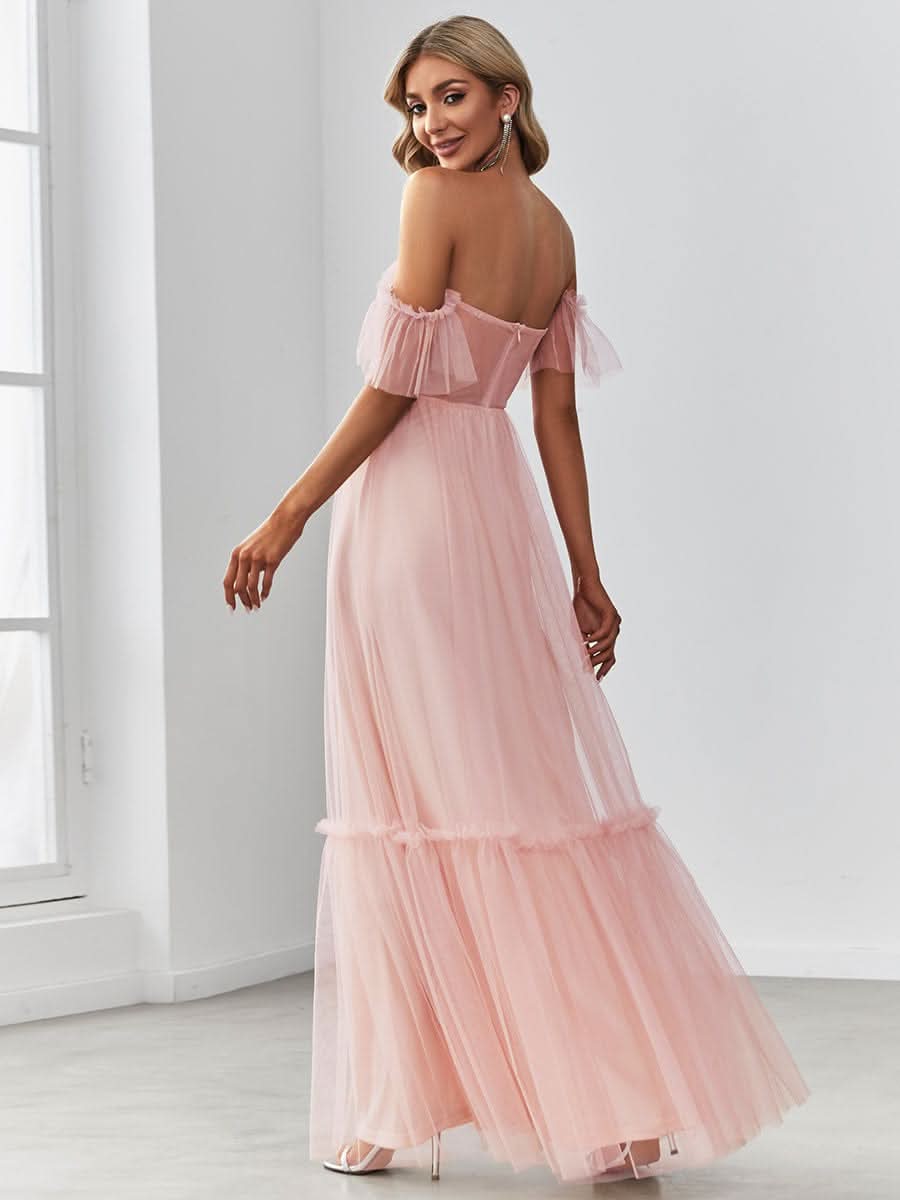 Schulterfreies plissiertes Tüll-Abendkleid mit Herzausschnitt #Farbe_Rosa