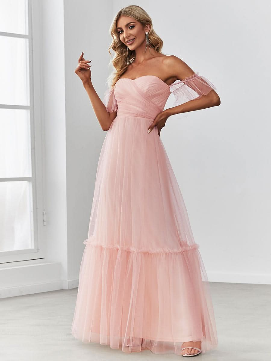 Schulterfreies plissiertes Tüll-Abendkleid mit Herzausschnitt #Farbe_Rosa