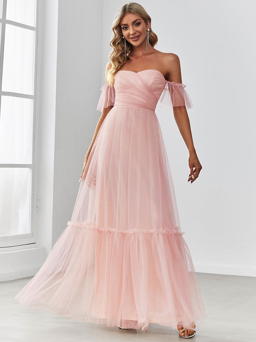Schulterfreies plissiertes Tüll-Abendkleid mit Herzausschnitt #Farbe_Rosa