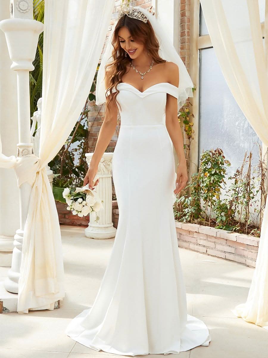 Color=Cream | Plain Solid Color Off Schulter Meerjungfrau Brautkleider 00247-Cream 3