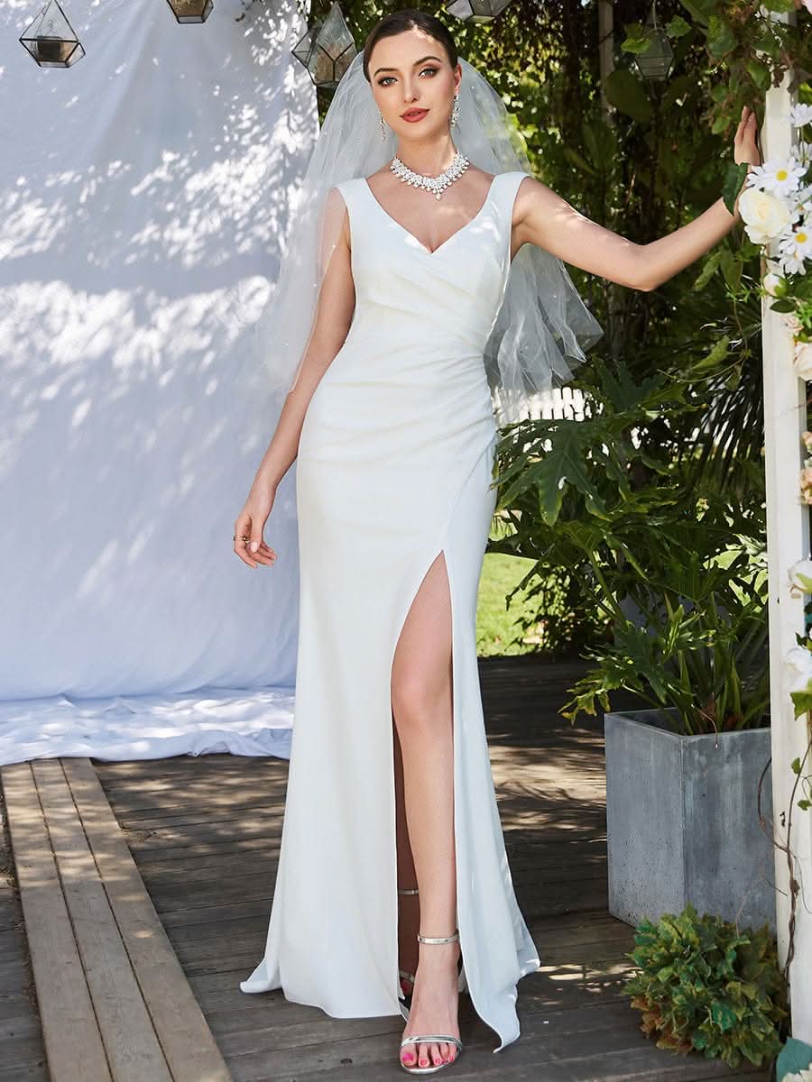 Color=Weiss | Sleeveless V-Ausschnitt Bodenlaenge Fishtail Split Hochzeitskleider-Weiss 5