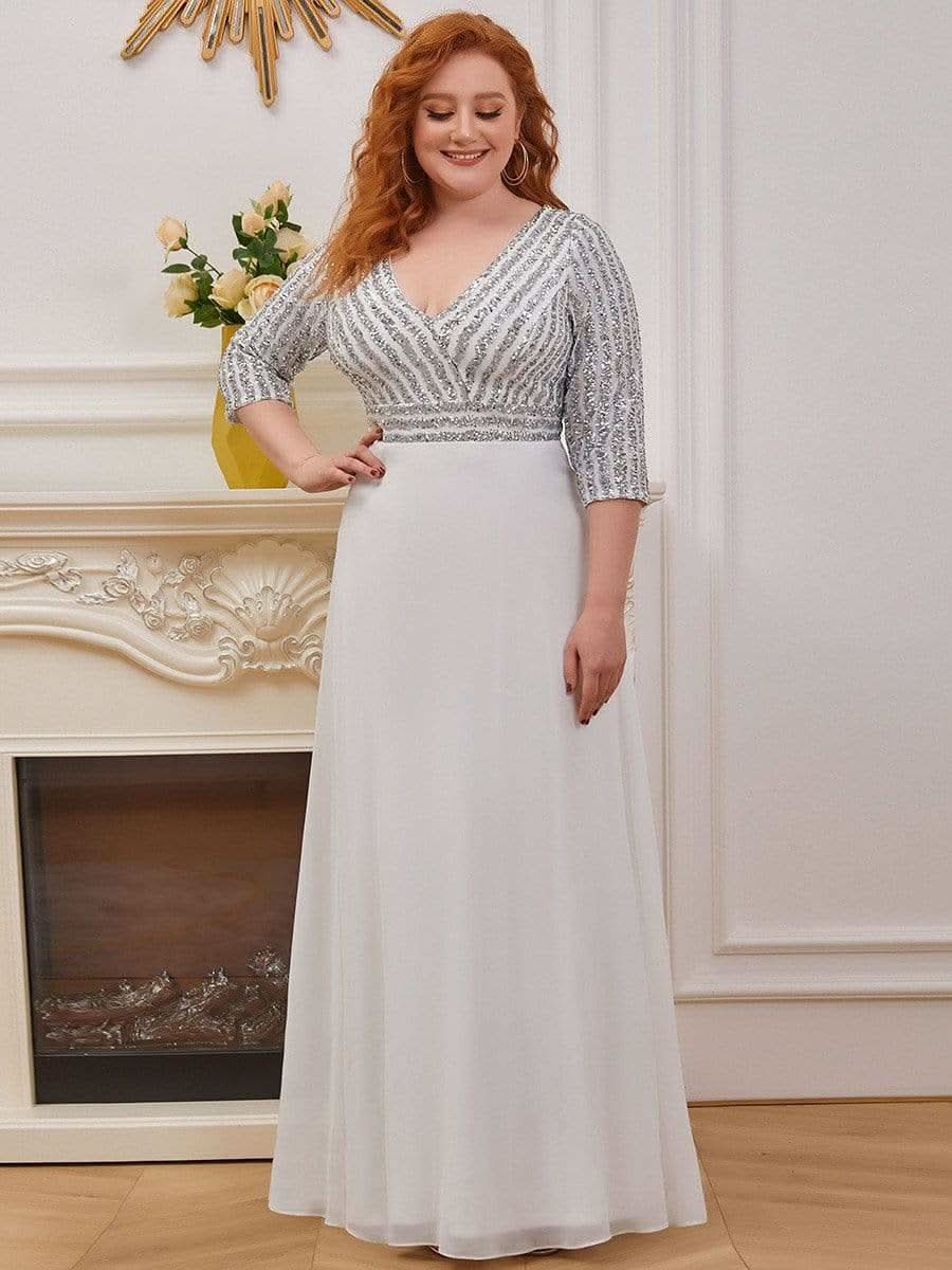 Übergrößen Bodenlanger V-Ausschnitt A-Linie Pailletten Kleid Mit Durchsichtigen Patchwork Details #Farbe_Weiß