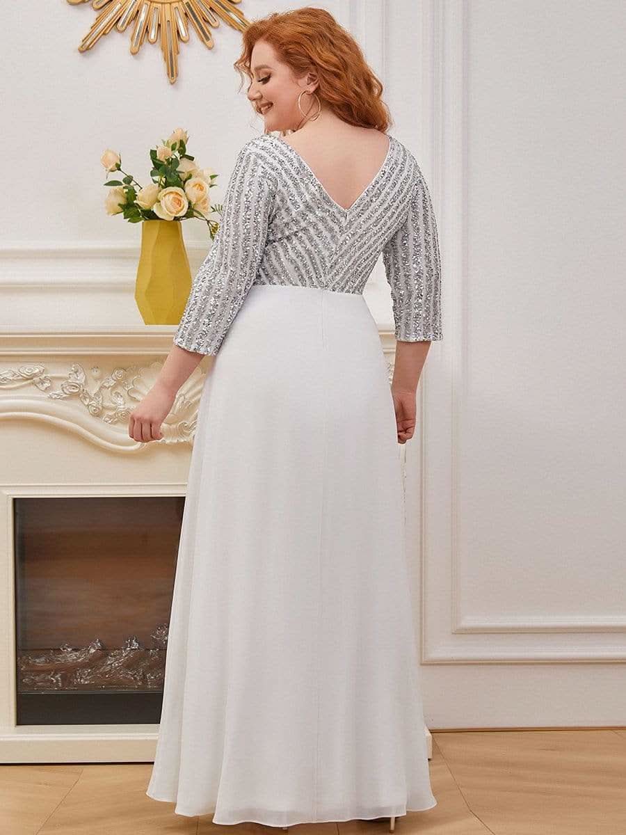 Übergrößen Bodenlanger V-Ausschnitt A-Linie Pailletten Kleid Mit Durchsichtigen Patchwork Details #Farbe_Weiß