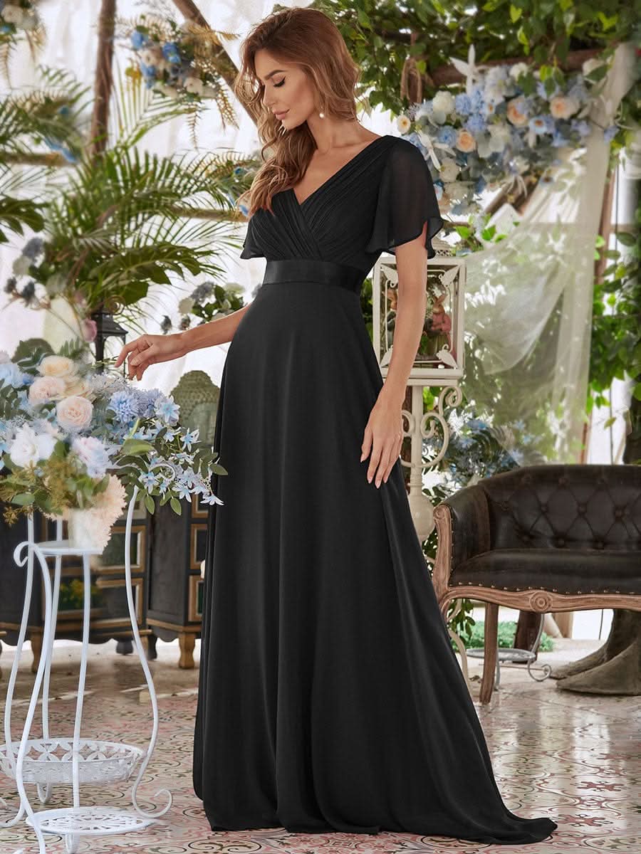 Langes Brautjungfernkleid mit Empire-Taille und kurzen, flatternden Ärmeln #Farbe_Schwarz