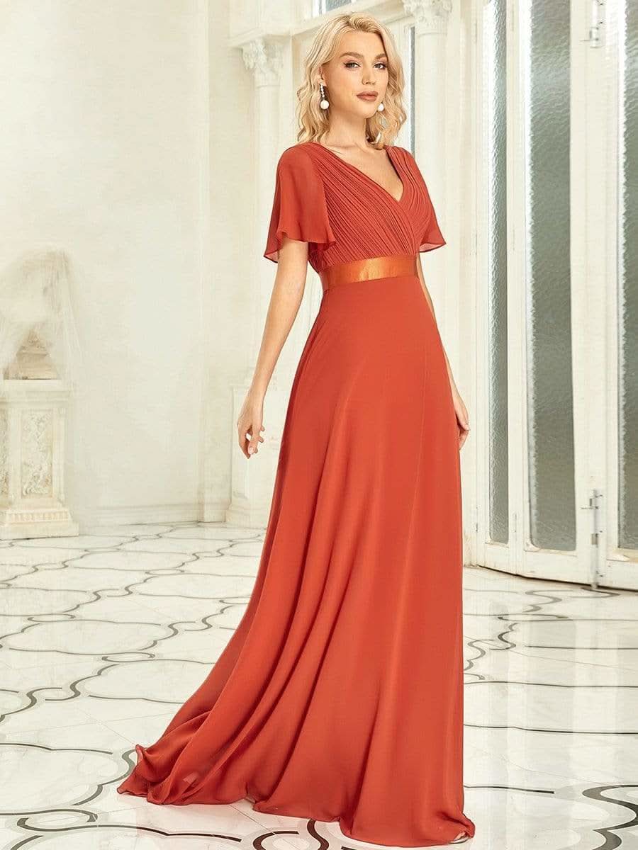 Langes Brautjungfernkleid mit Empire-Taille und kurzen, flatternden Ärmeln #Farbe_Gebrannte Orange