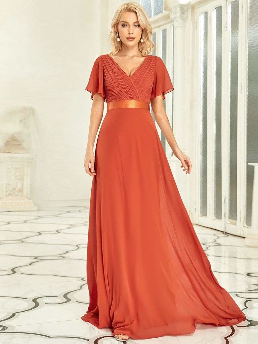 Langes Brautjungfernkleid mit Empire-Taille und kurzen, flatternden Ärmeln #Farbe_Gebrannte Orange