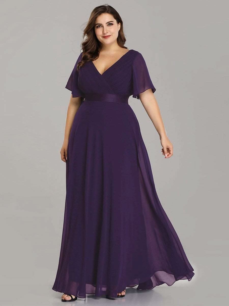 Langes Brautjungfernkleid mit Empire-Taille und kurzen, flatternden Ärmeln #Farbe_Dunkelviolett